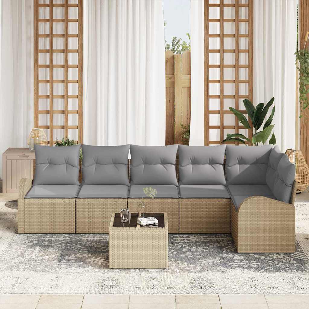 Garten-Sofa-Set mit Kissen 7 pcs Beige und Hellgrau Poly Rattan